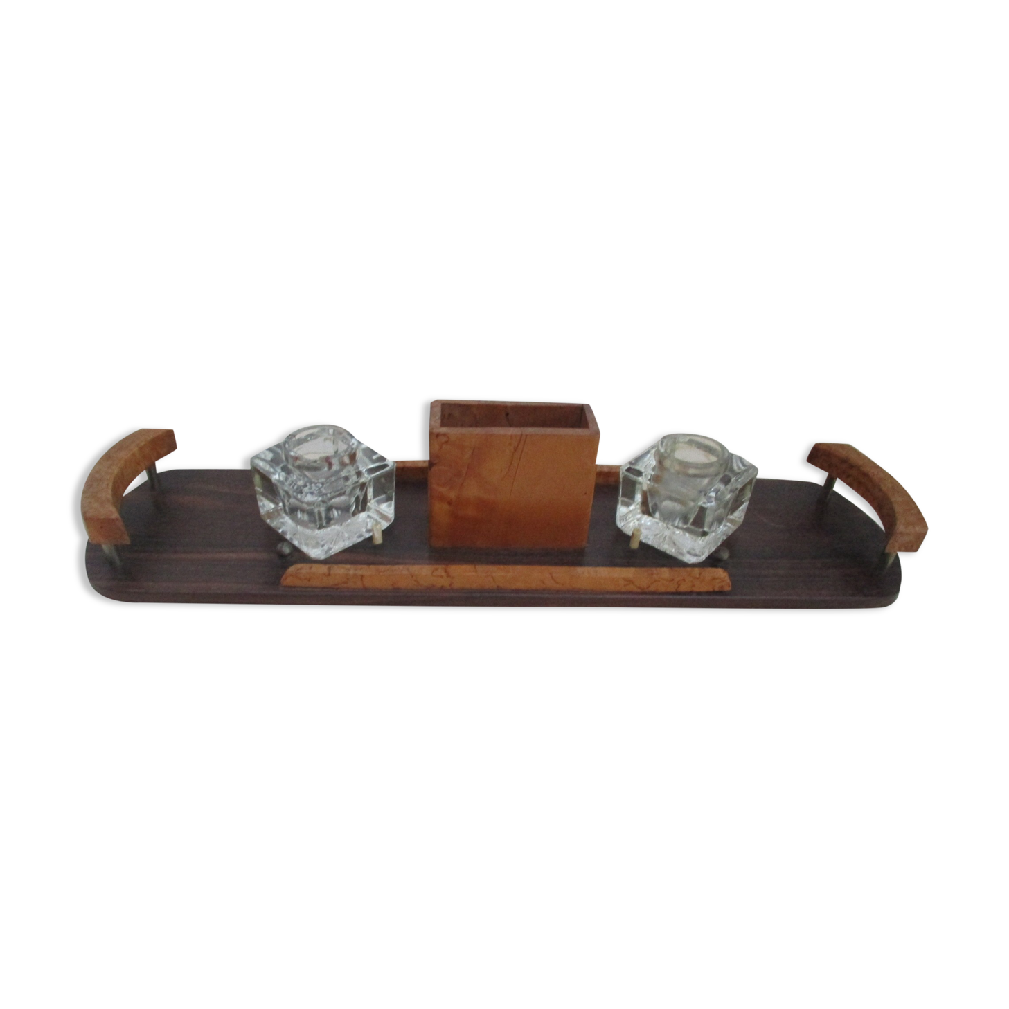 Wood inkwell and art deco glass