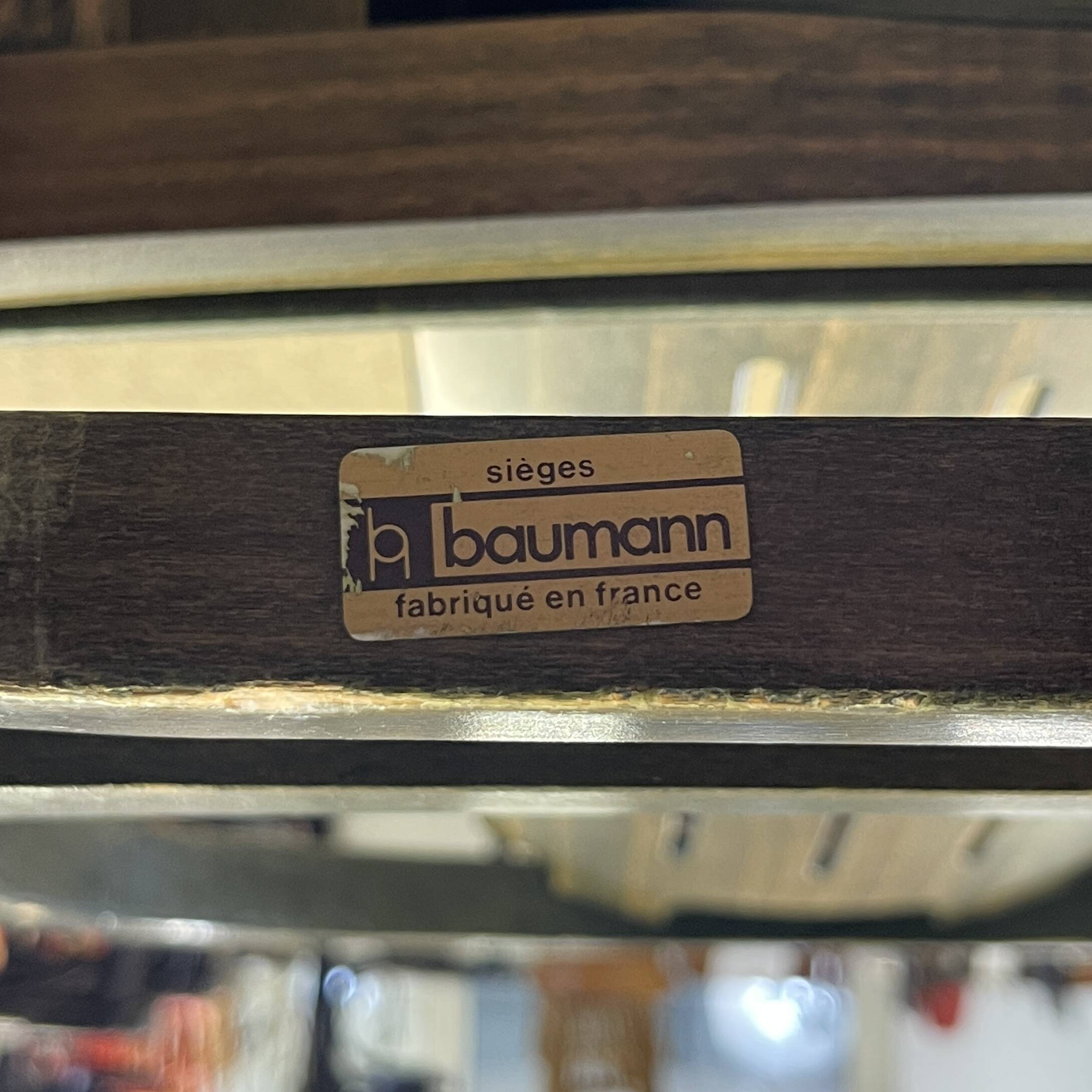 Set of 4 Baumann Argos bistro chairs in wood and green fabric from the 80s France