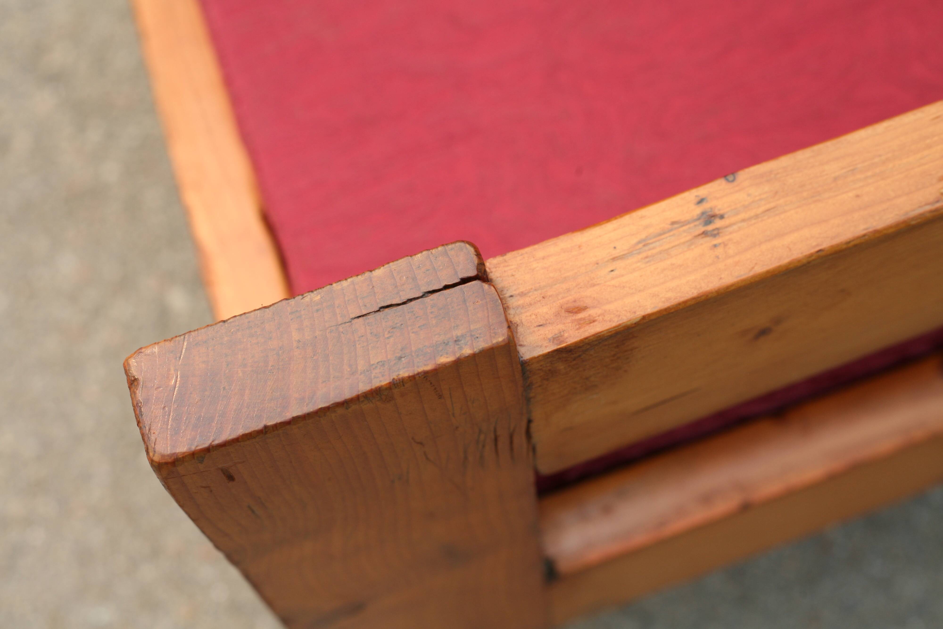 Pair of pine fireside chairs, France, 1960s, "raspberry" cushions