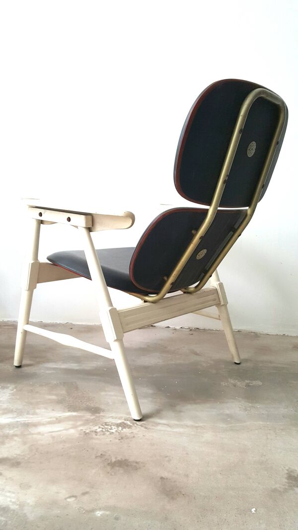 Fauteuil italien à dossier haut en bois laqué blanc et simili noir - Vintage des années 50