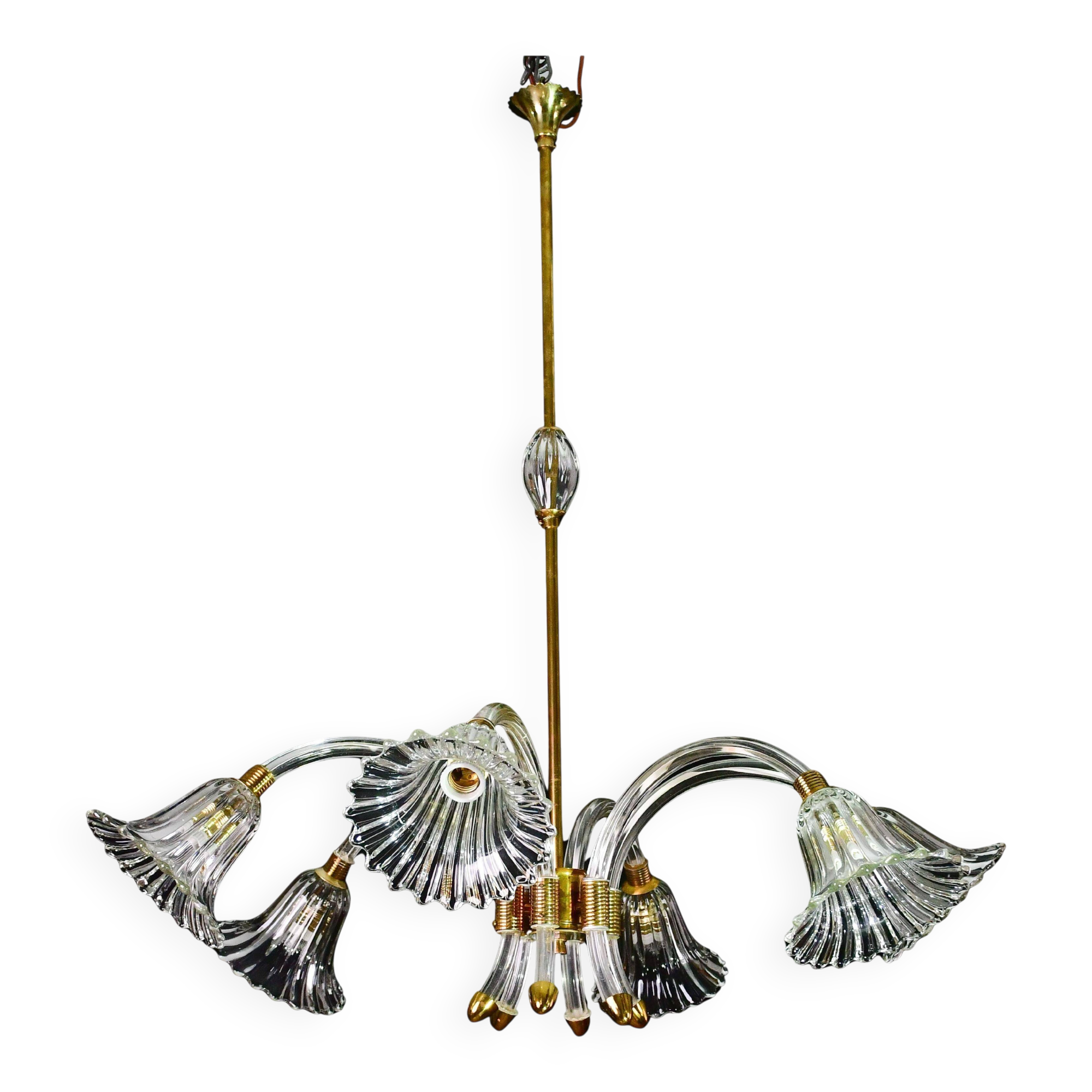 Amazing 6 light Art Deco Murano glass and brass chrome chandelier by Barovier