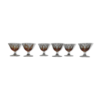6 old small liquor glasses on golden crystal legs
