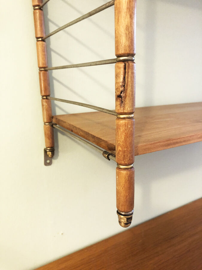 Vintage wall shelf, wood and brass, 1960