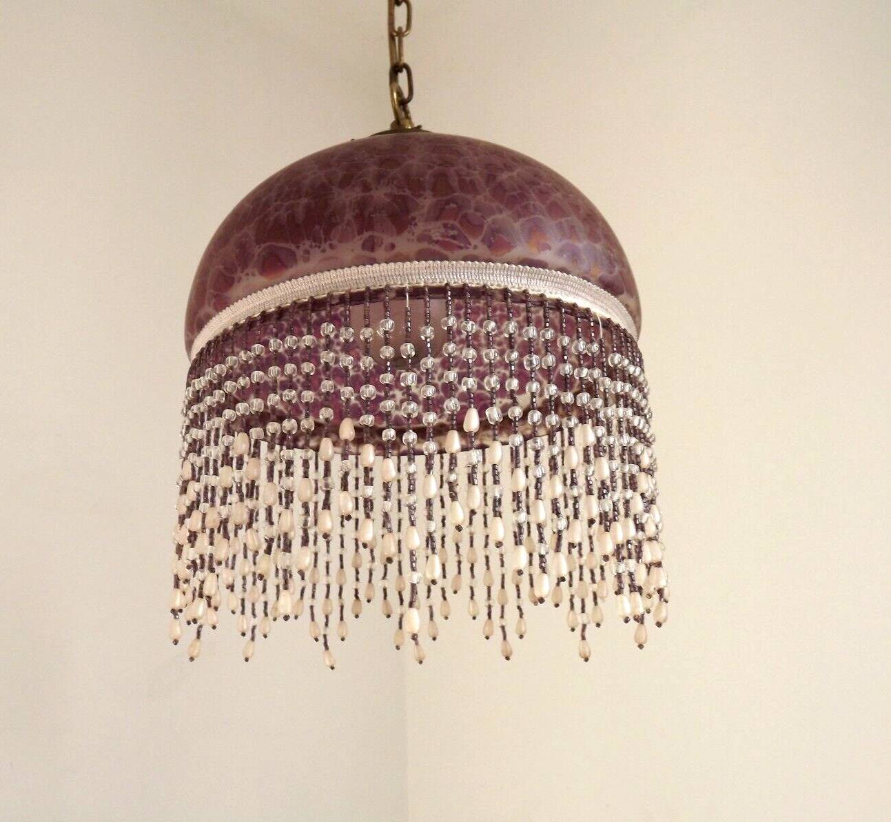 French Mid Century Purple Art Glass Ceiling Light Beaded Fringed Shade 4491