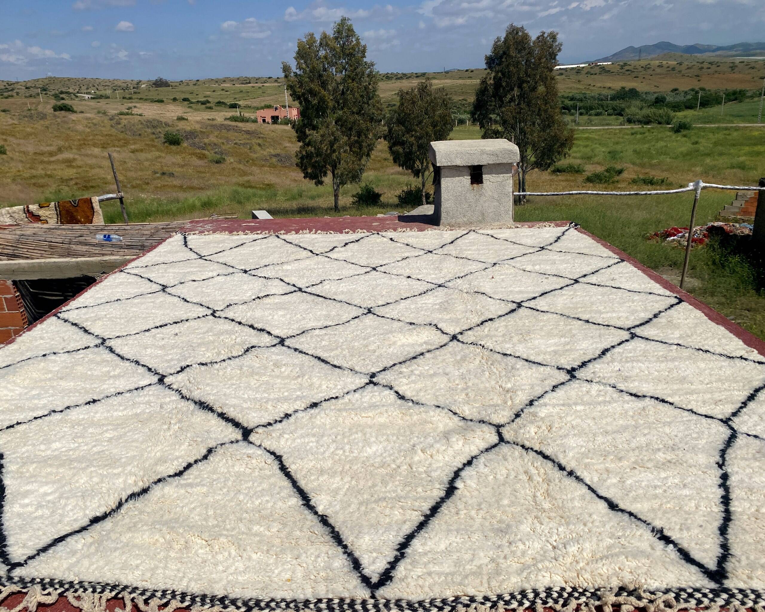 Very large vintage Beni Ouarain rug in cream wool with black diamonds, 426x344cm.