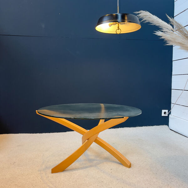 Table basse '' maison regain'' hêtre et verre design 1970