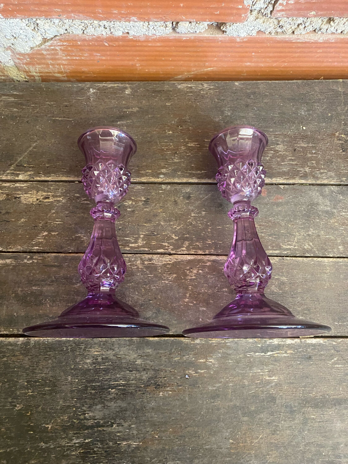 Pair of Antique CRISTAL D’ARQUES Candle Holders Moulded Purple Glass Vintage