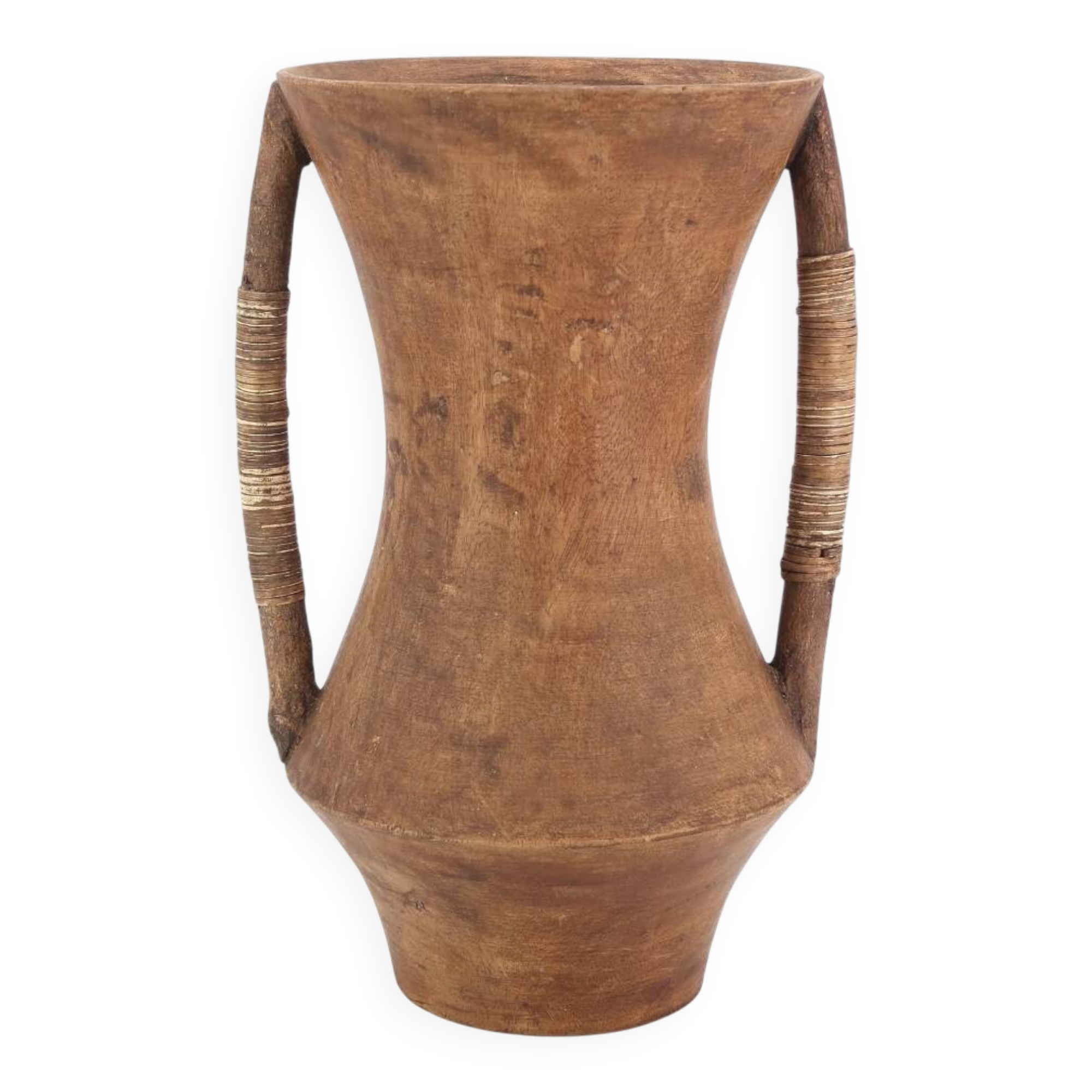 Wooden amphora vase, handles covered with wicker, 1970s.