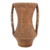 Wooden amphora vase, handles covered with wicker, 1970s.