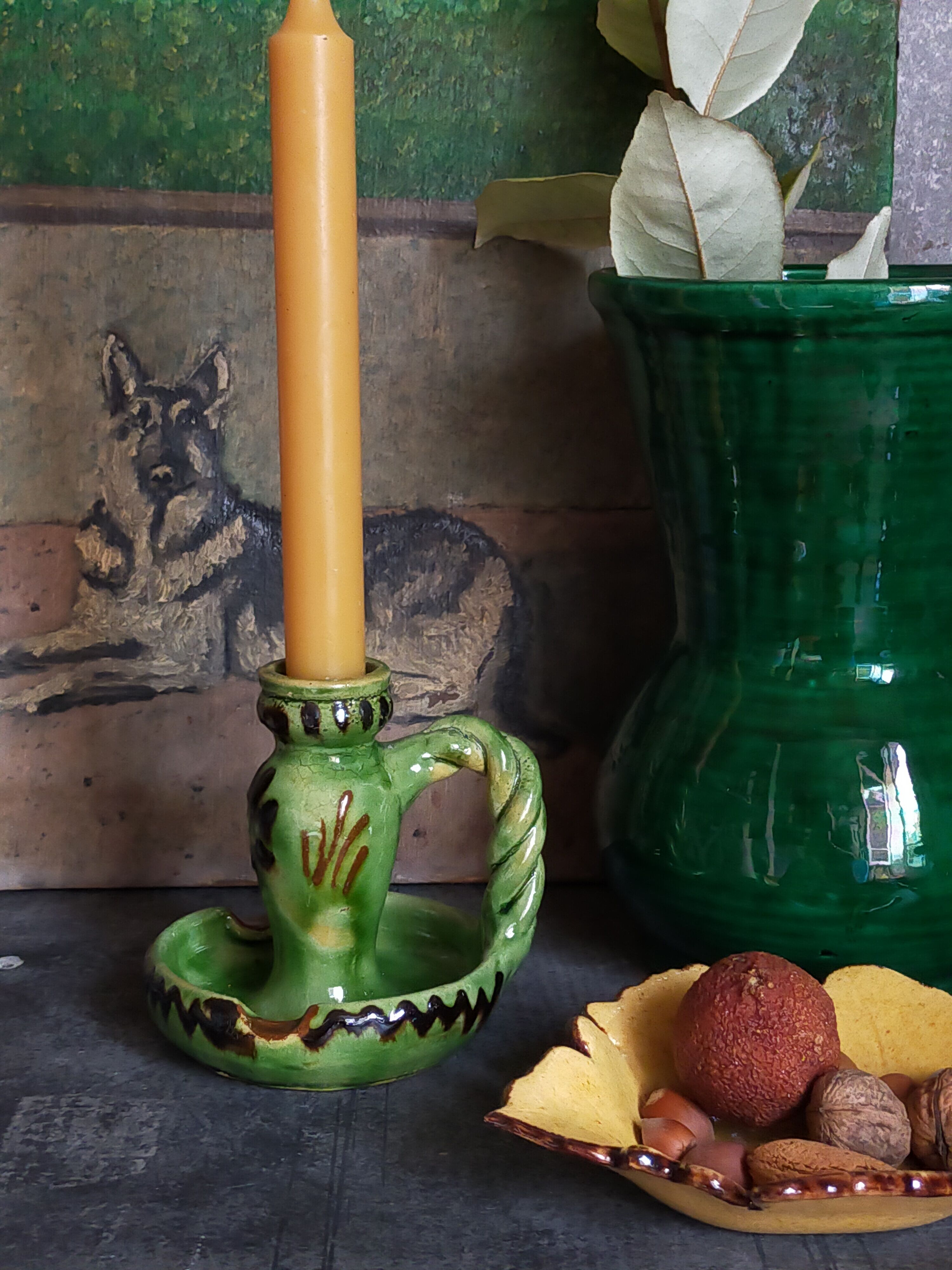 Duo of vintage potter's ceramic candle holders Regional Folk Art