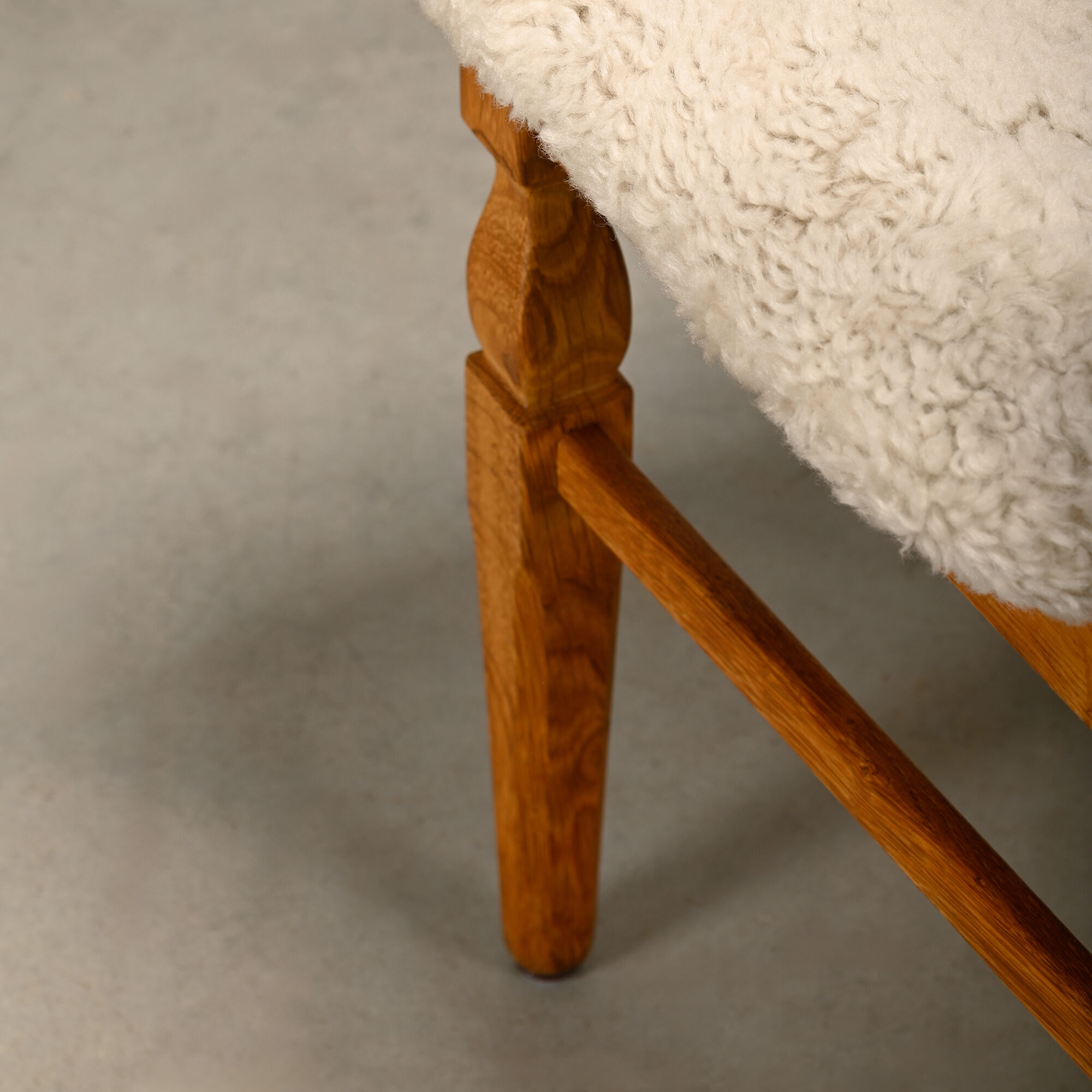 Henning Kjærnulf brutalist dining chairs set in Oak and Sheepskin, Denmark