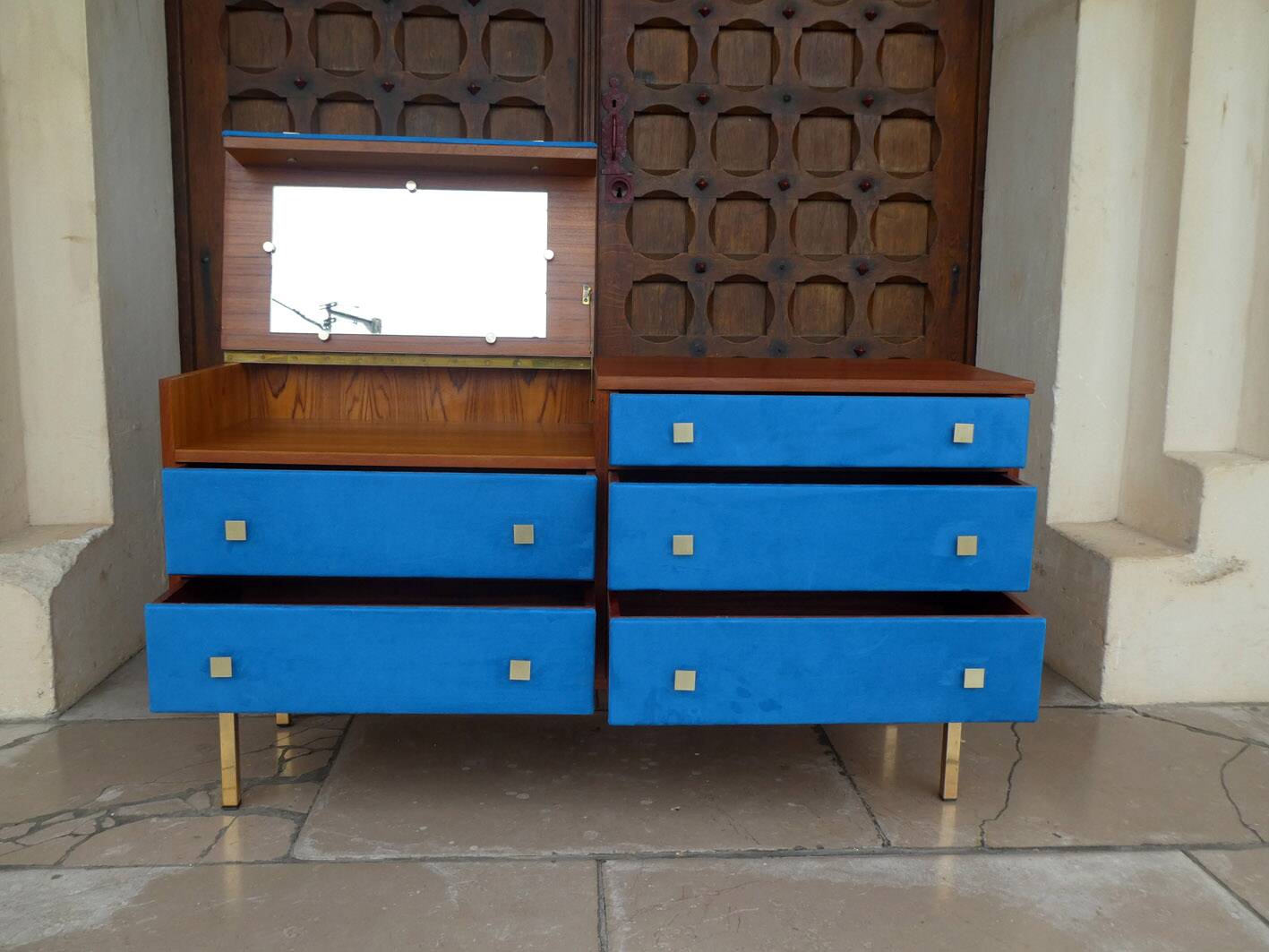 Teak and suede chest of drawers/dressing table, 1950