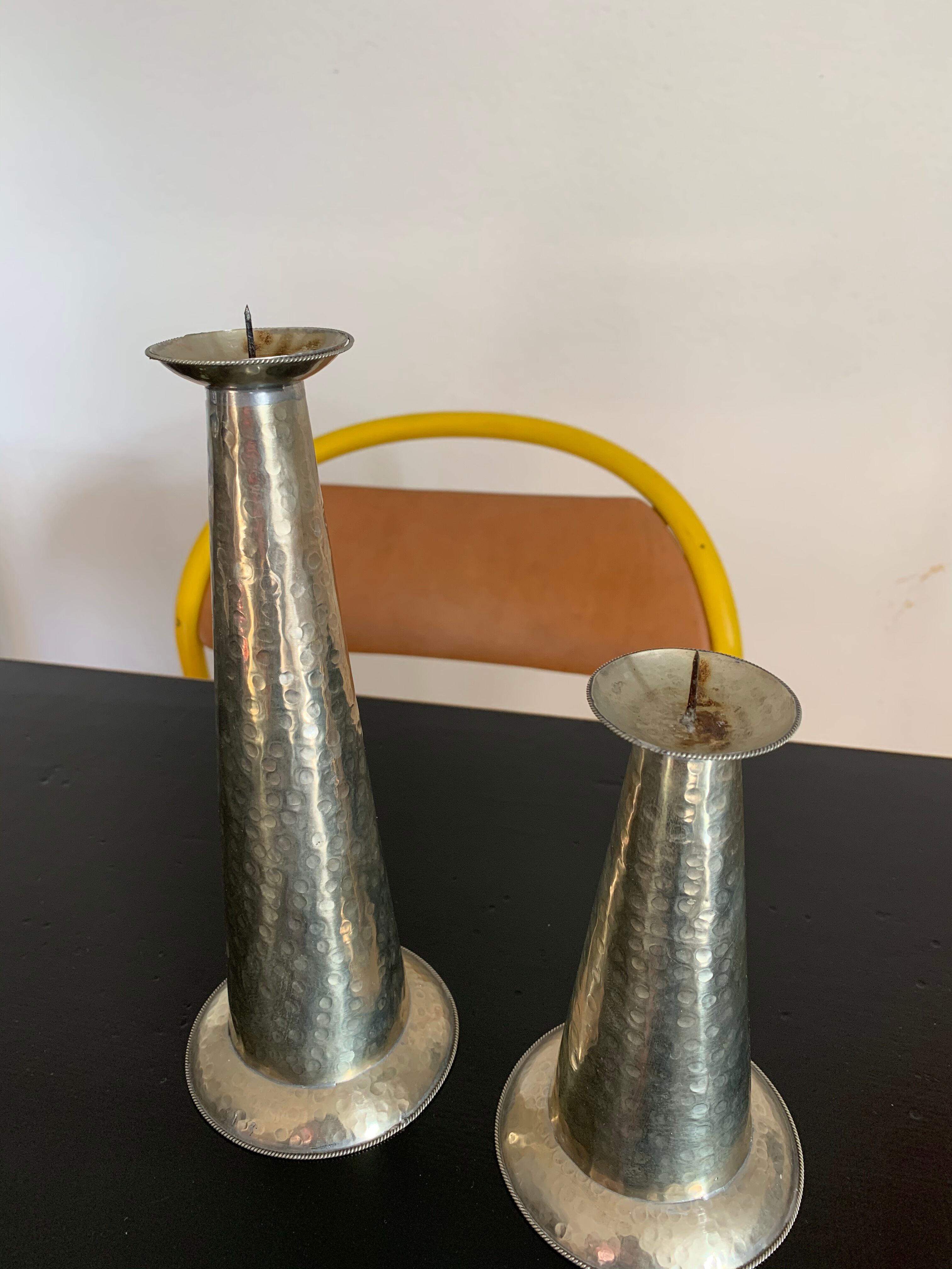 Duo vintage bumpy metal candlesticks