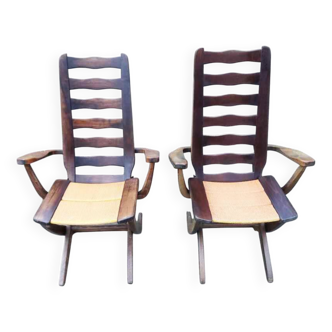 Pair of vintage TRICONFORT France deckchairs and relax chairs