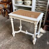 Stool, small wooden piano bench in white with caning.