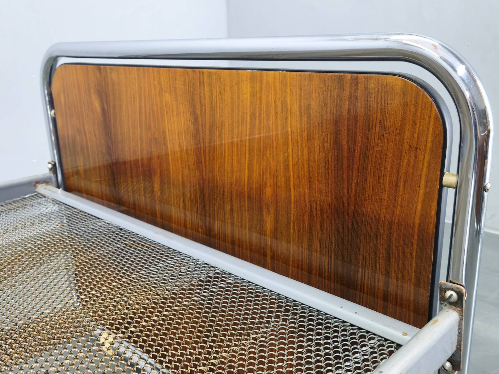Bauhaus Tubular Steel Bed with Walnut Panels, Czechoslovakia, 1930s