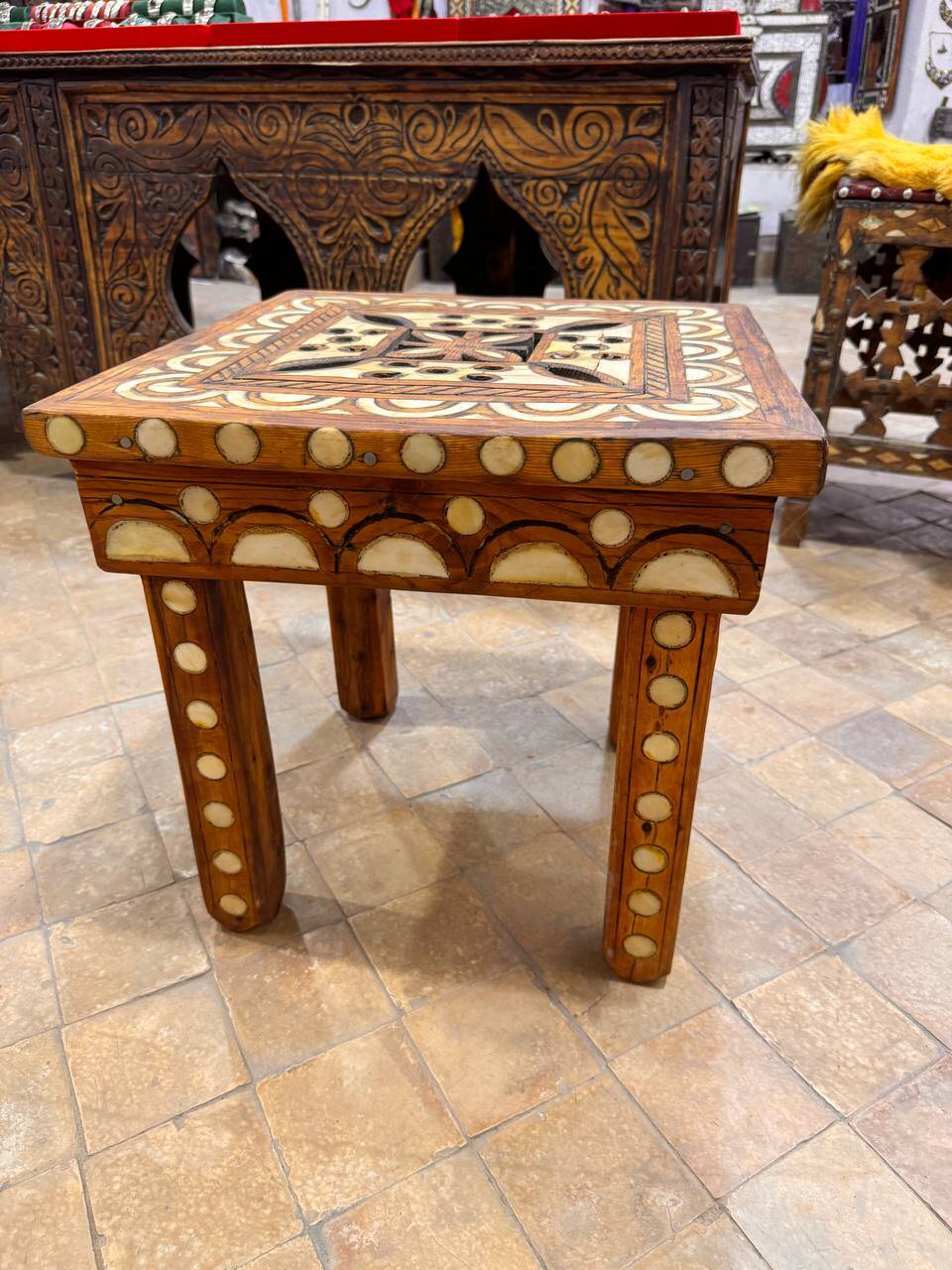 Moroccan camel bone marquetry wooden table for bedroom or living room