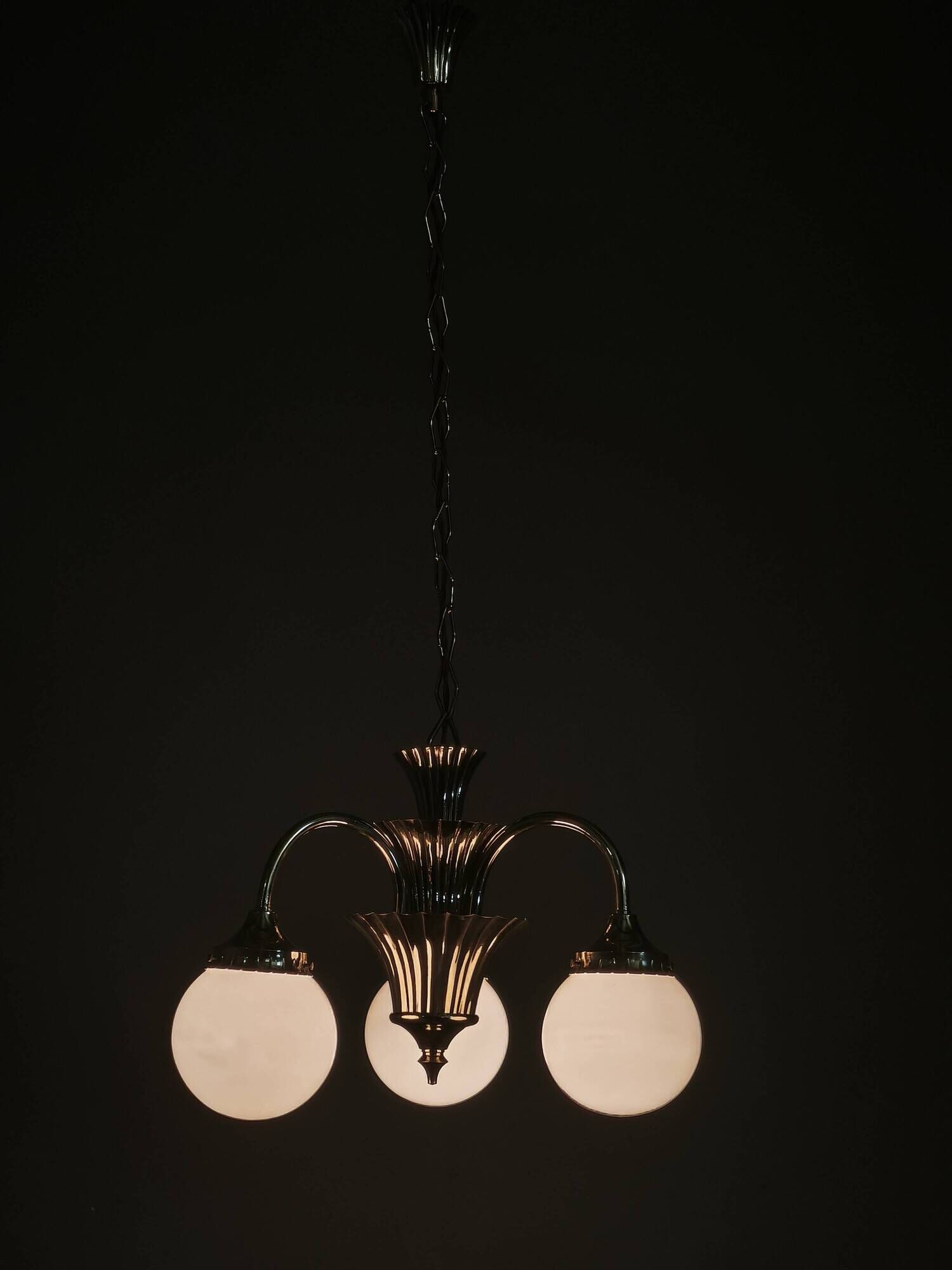 1930s Czechoslovak Art Deco Brass and Opaline Glass Chandelier