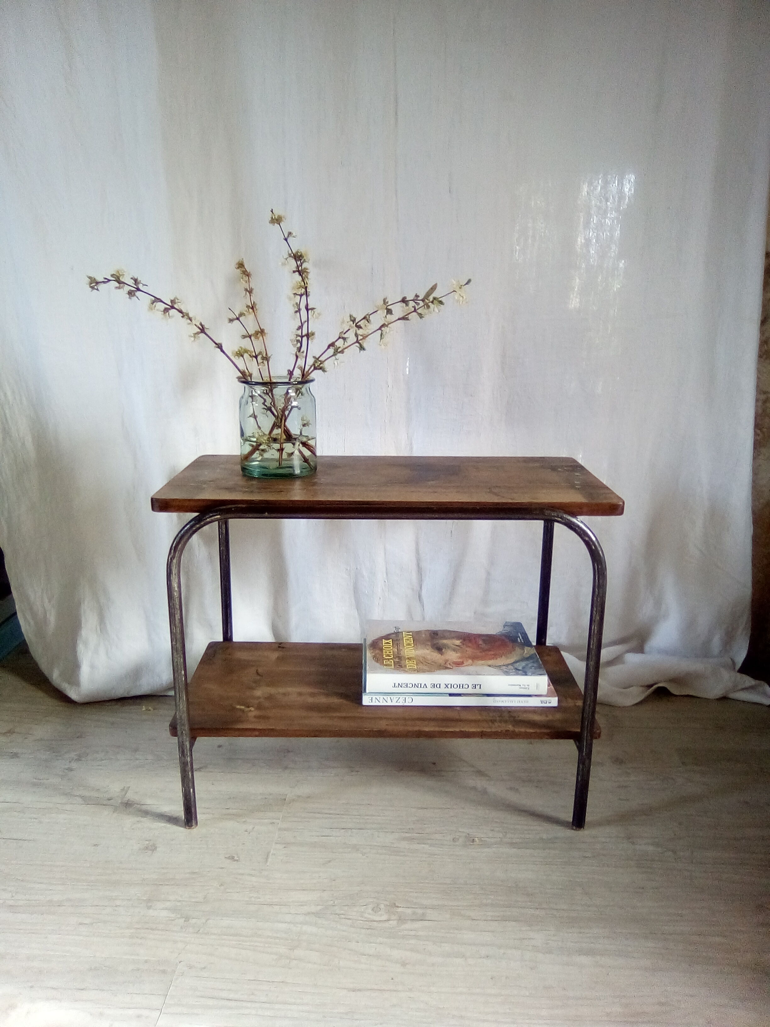 2-level industrial wood and metal side table