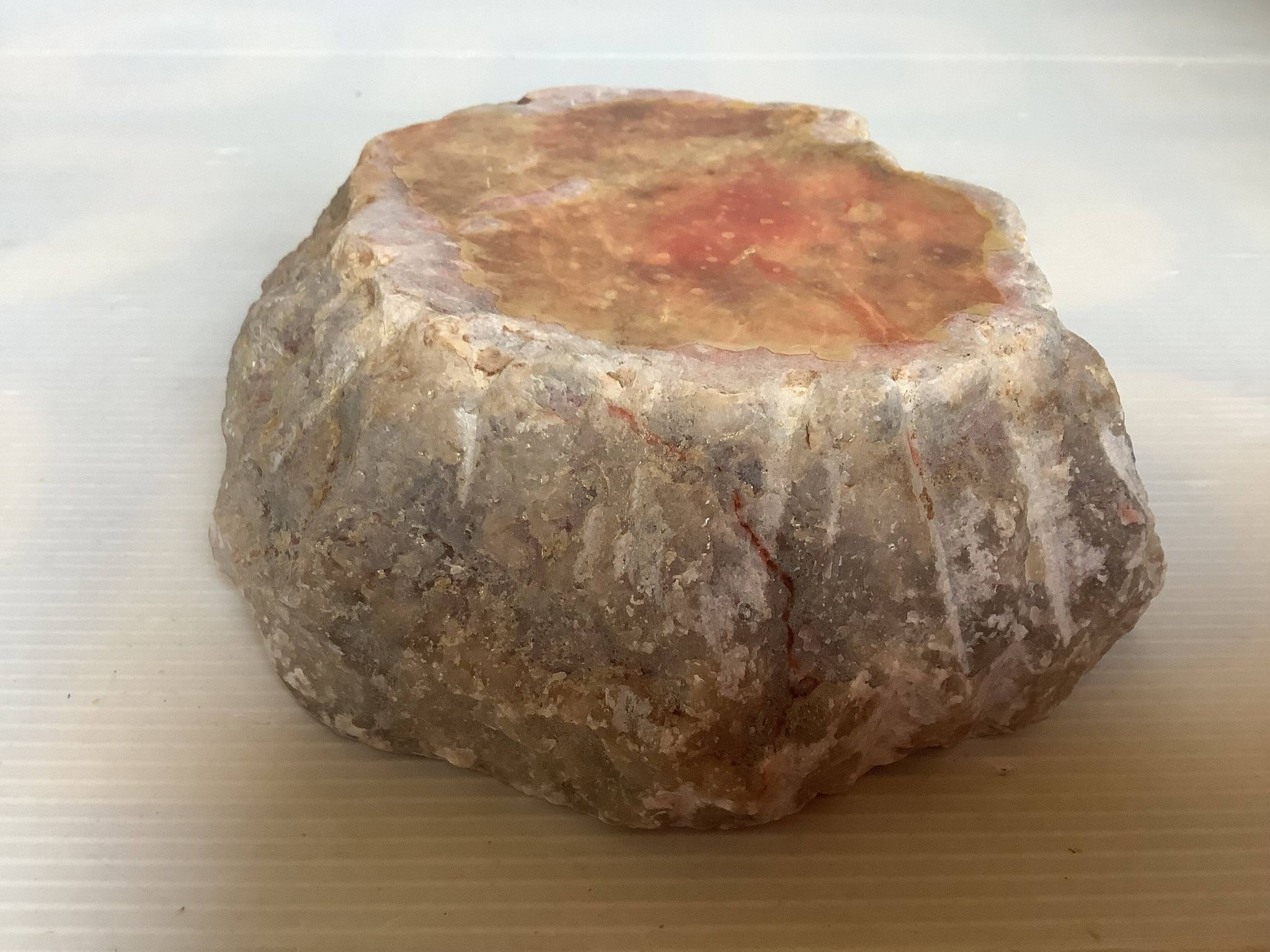 Large ashtray, red veined alabaster pocket tray.
