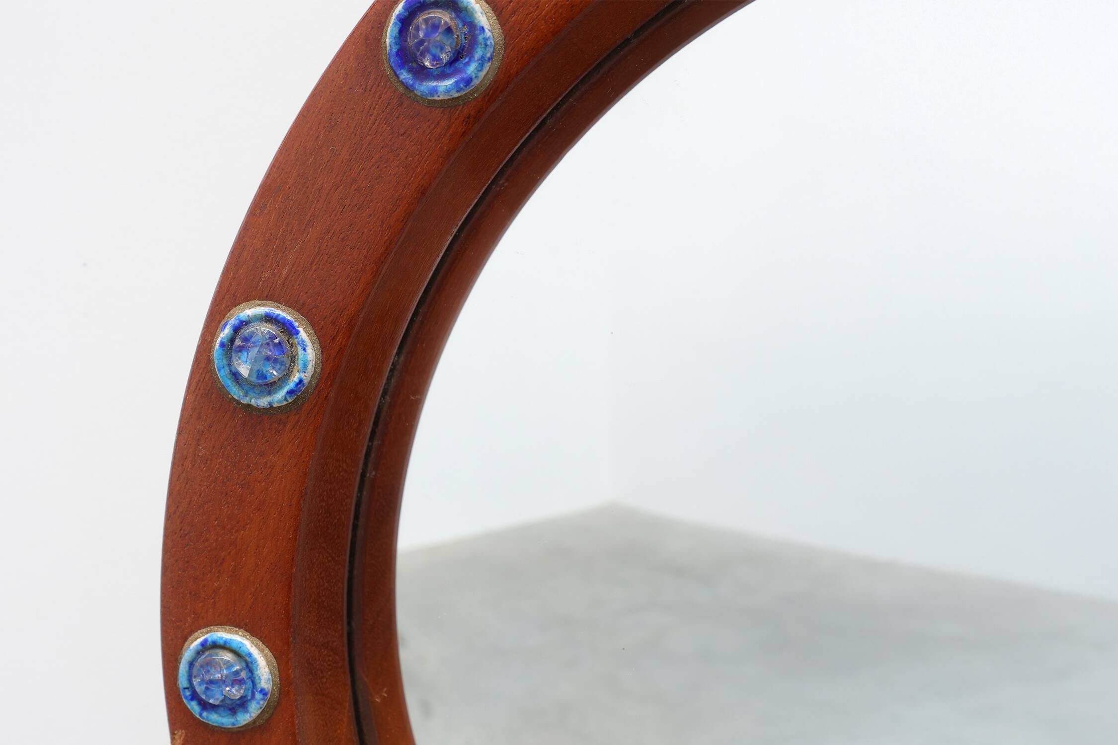 Pair of Deknudt Round Mirrors with Blue Ceramic Studs, Belgium, 1960s