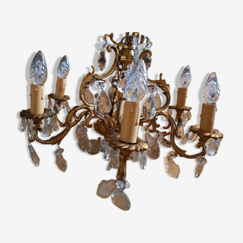 Bronze chandelier and six-armed Bohemian crystal grapevines