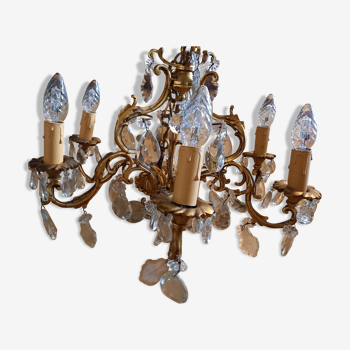 Lustre bronze et pampilles cristal de Bohême à six bras