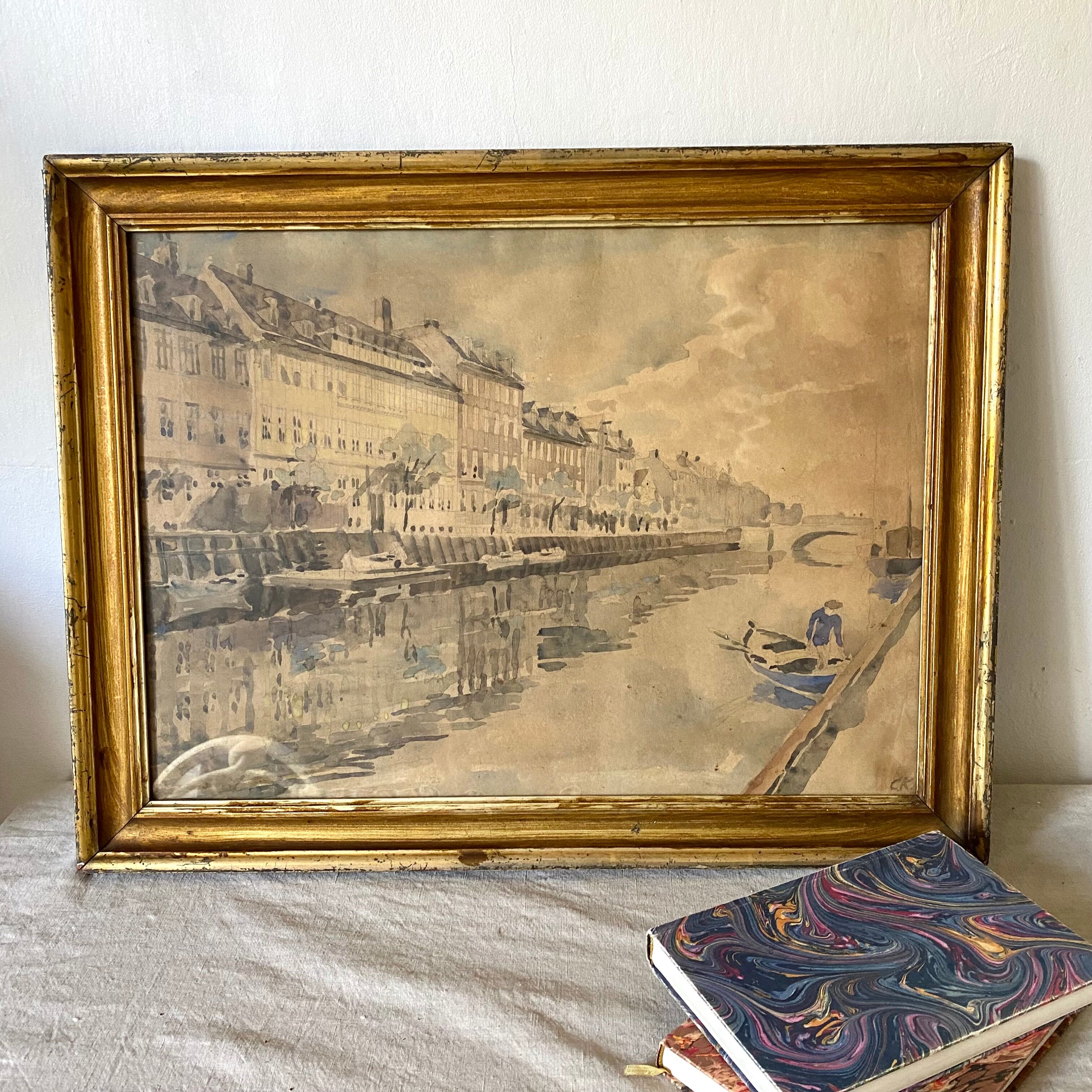 Old framed river watercolor 45.5 X 59