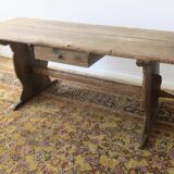Large antique pine trestle dining table with drawer, Sweden 1780