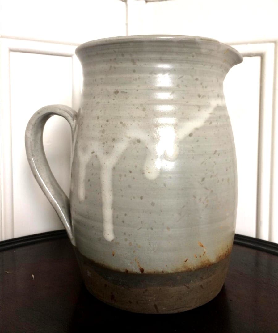Enamelled sandstone jug signed vintage