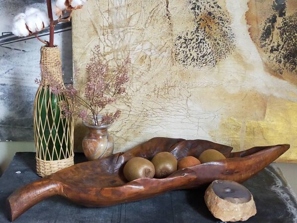 Coupe feuille en bois massif sculptée XXL ancienne