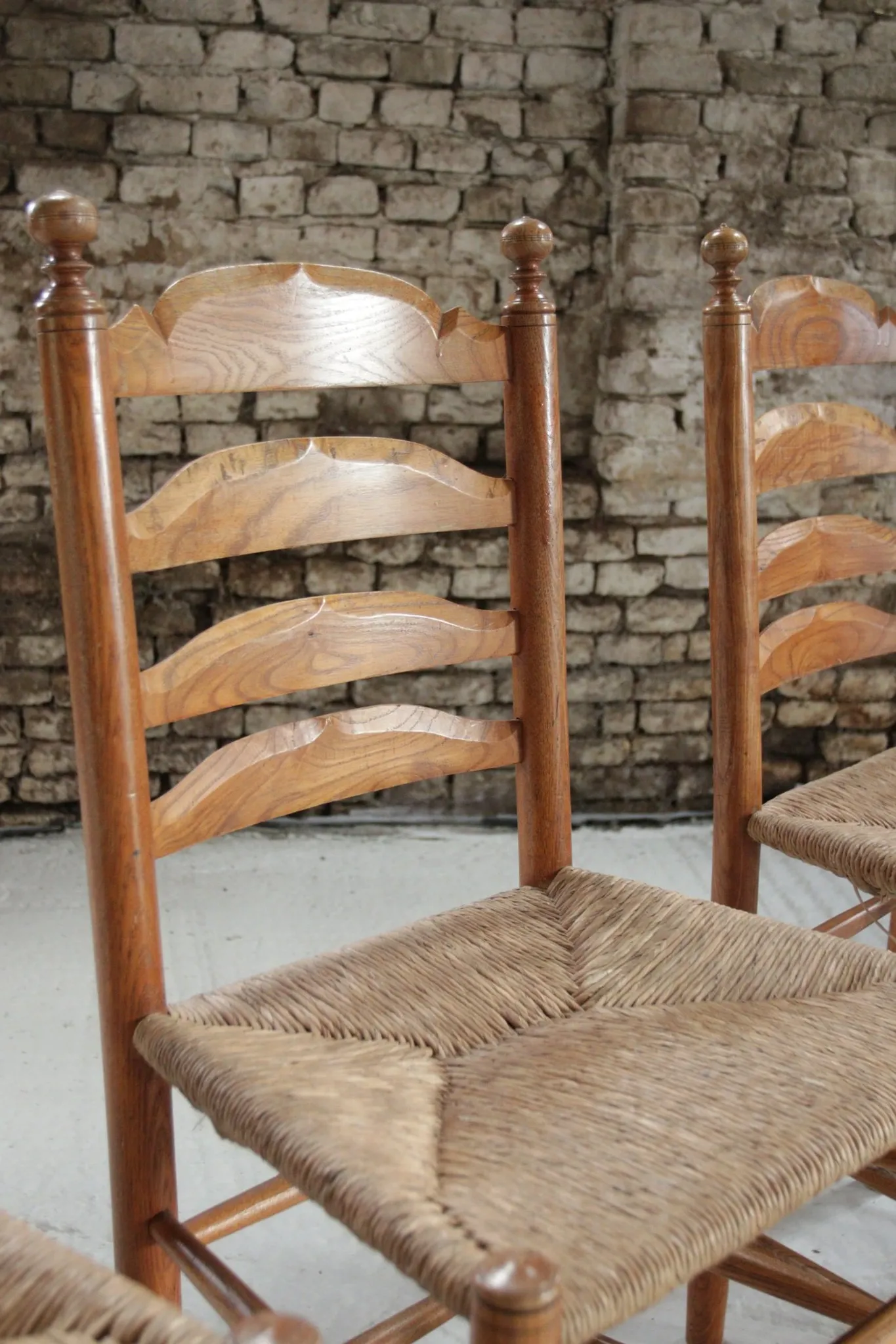 Set of 4 old Dutch oak ladderback chairs with rush seats – 1960s
