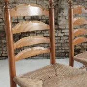 Set of 4 old Dutch oak ladderback chairs with rush seats – 1960s