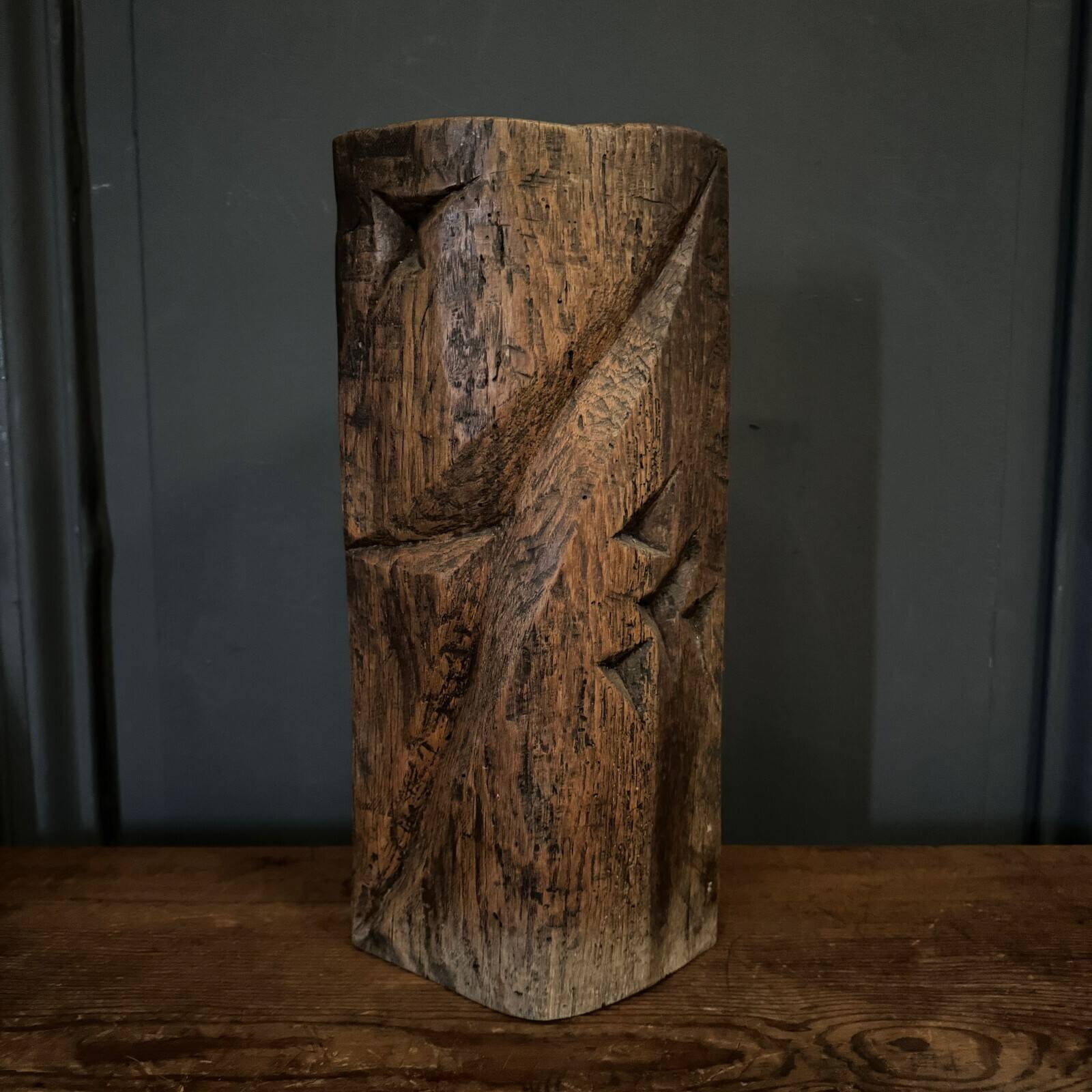 Brutalist vase 1970 in carved wood with monogram