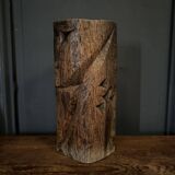 Brutalist vase 1970 in carved wood with monogram