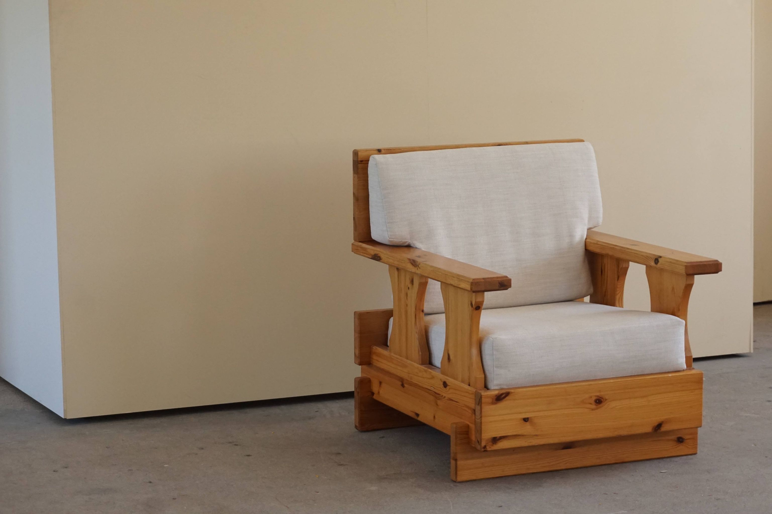 Mid century brutalist solid pine lounge chair with new upholstery, sweden, 1970s
