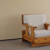 Mid century brutalist solid pine lounge chair with new upholstery, sweden, 1970s