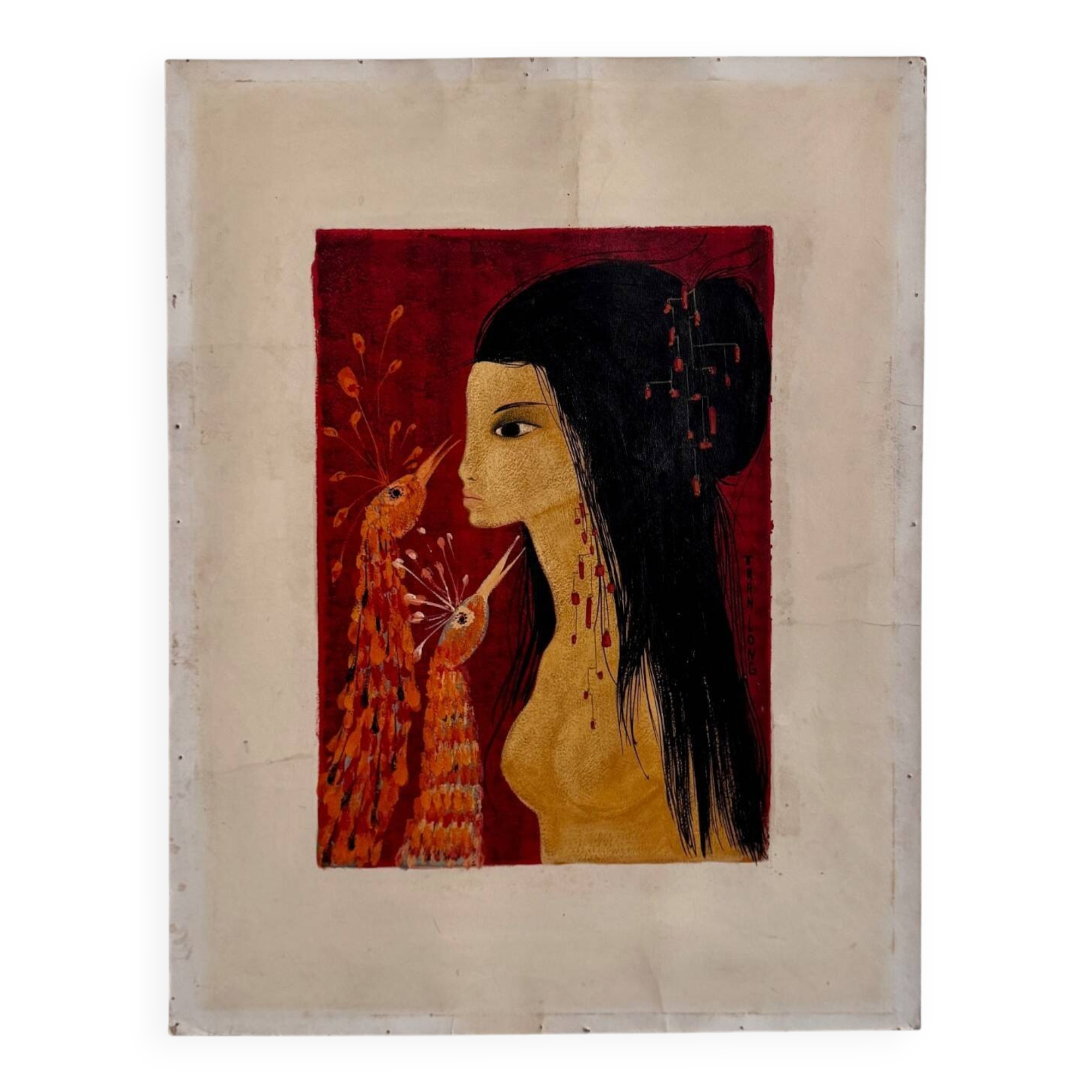 Acrylic on paper, young nude girl with peacock heads by Tran Long, 20th century