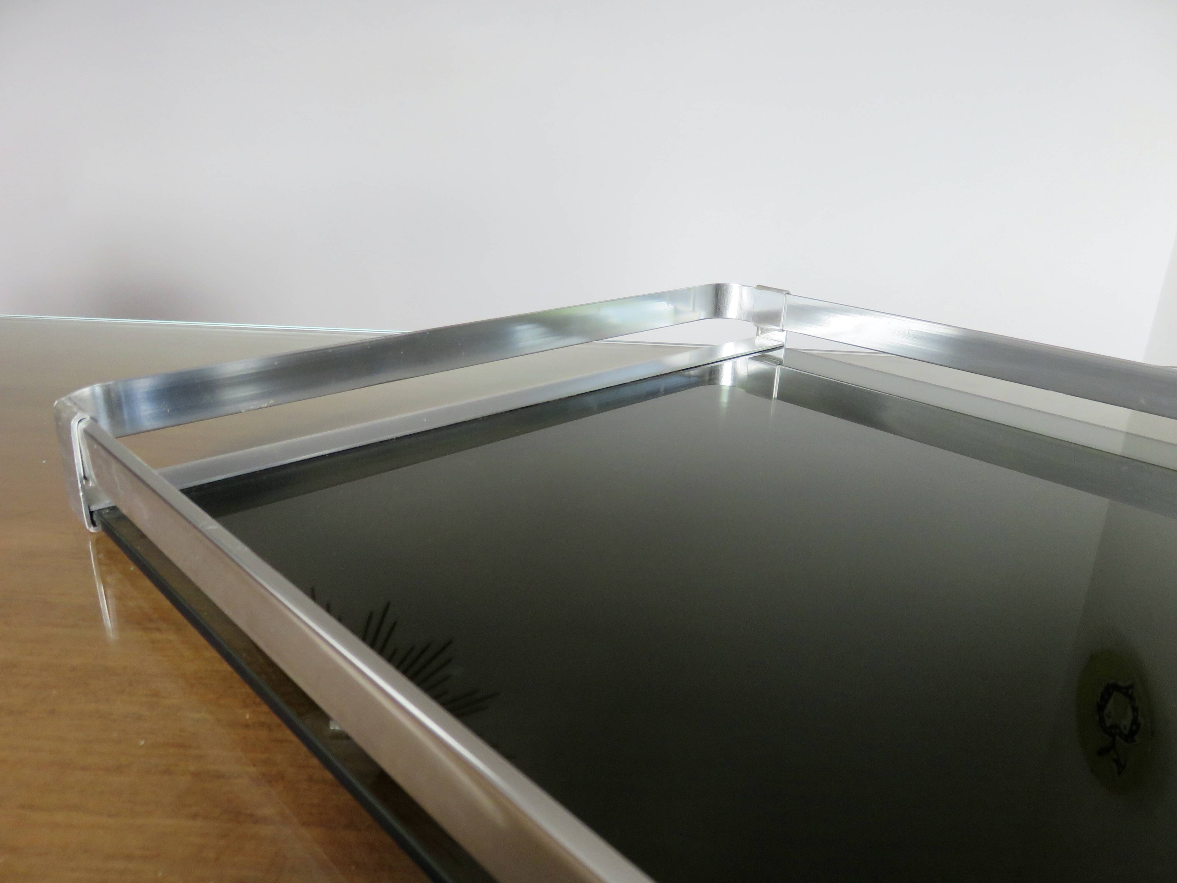Very large tray, MB Italy for Roche Bobois, aluminum and smoked glass, 70