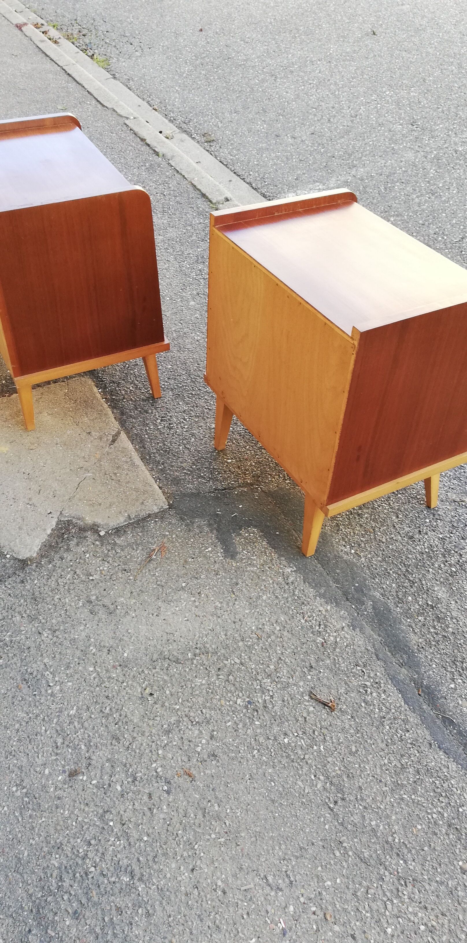 Pair of vintage wooden bedside tables 2 tones