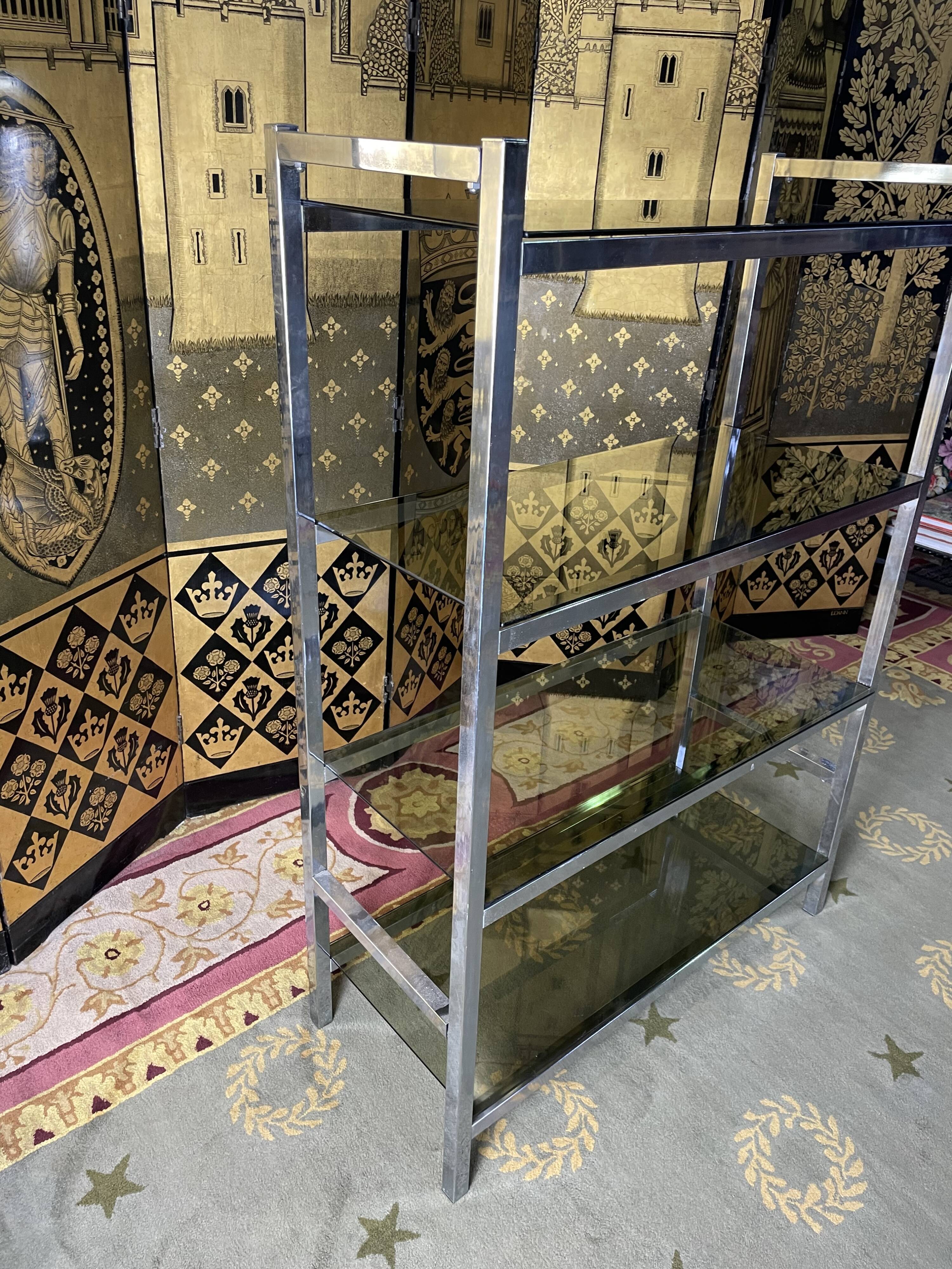 Shelf in chromed metal and smoked glass 1970