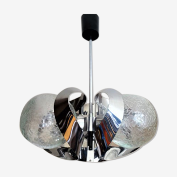 Suspension 1970s space âge aux 3 lumières chrome et verre