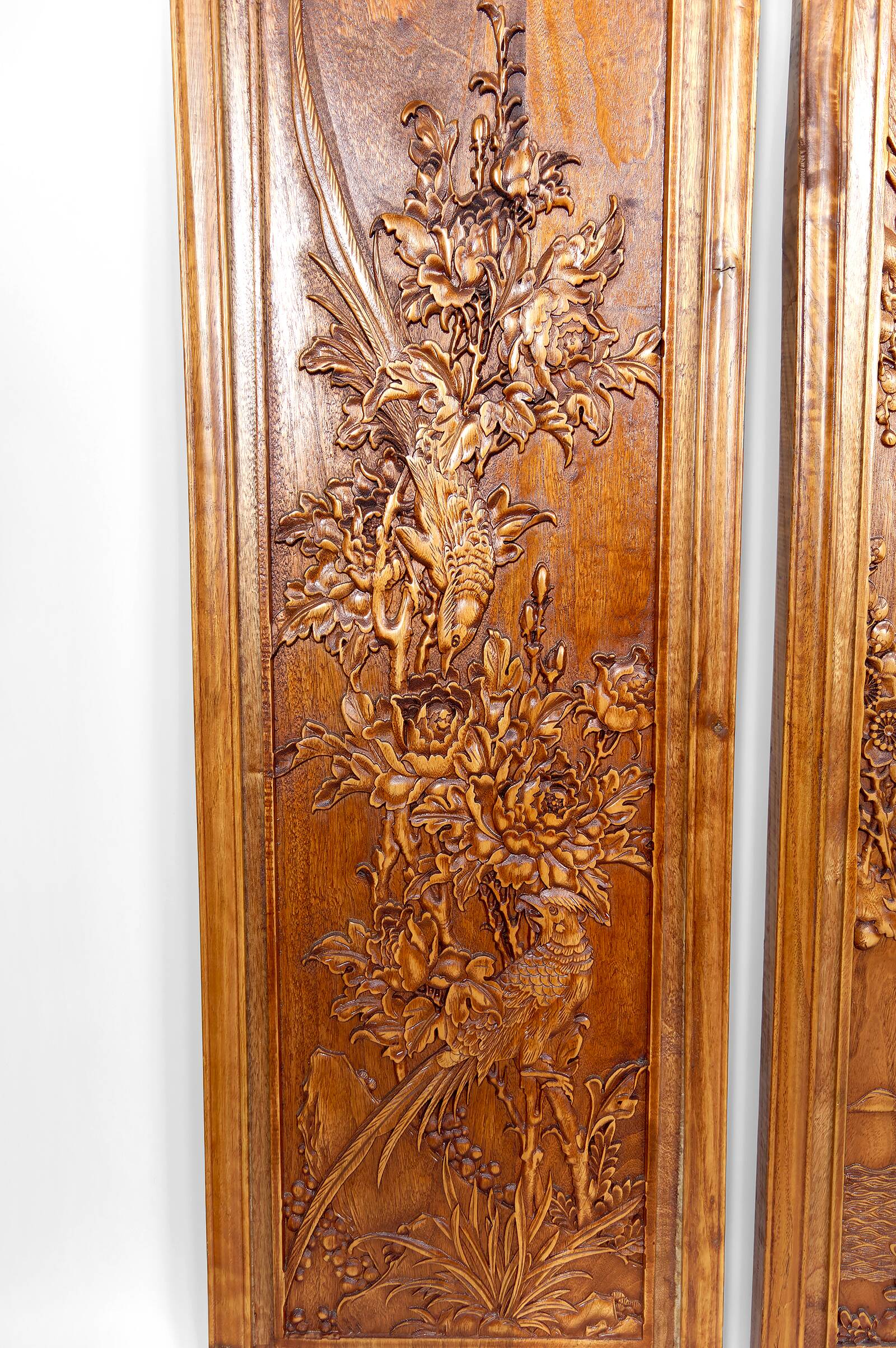 3 carved wooden panels, floral and animal decorations, Indochina