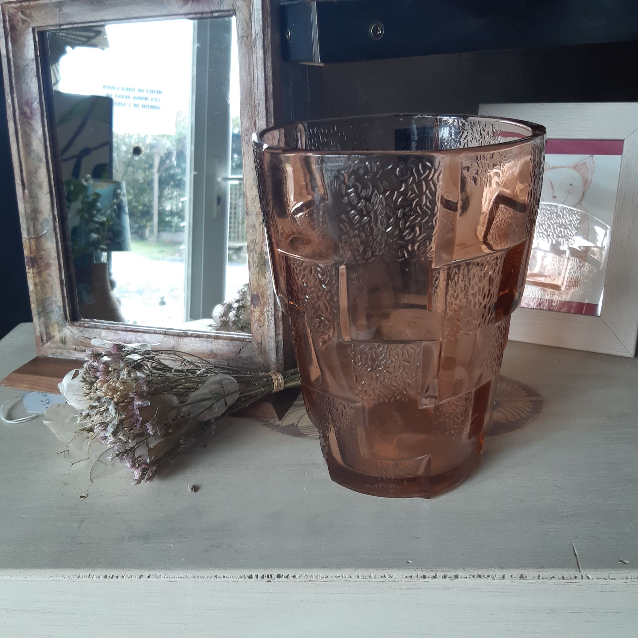 Molded vase, vintage, glass, pink, reliefs, geometric patterns