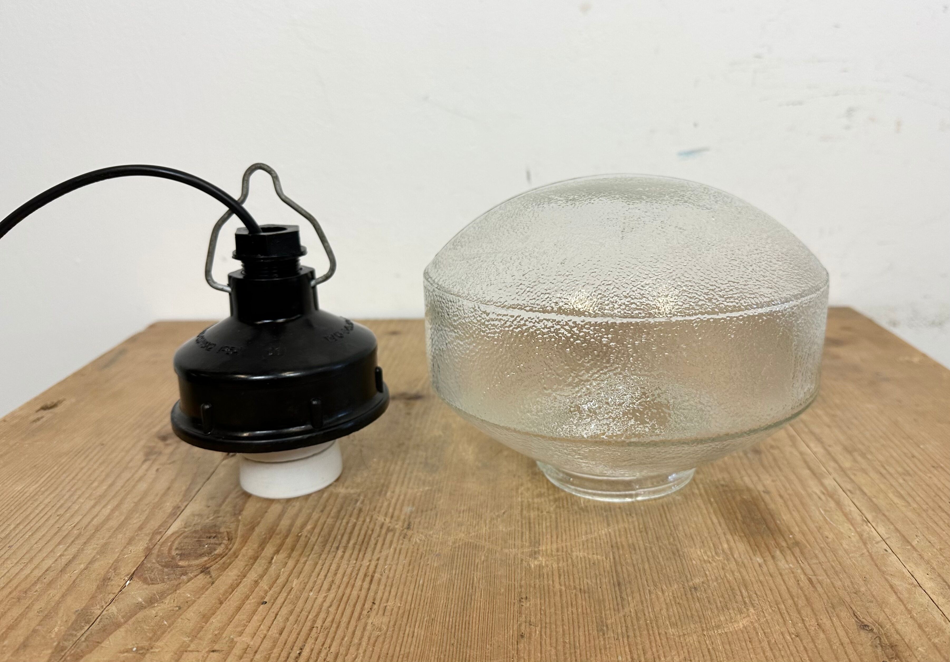 Industrial bakelite pendant light with frosted glass, 1970s