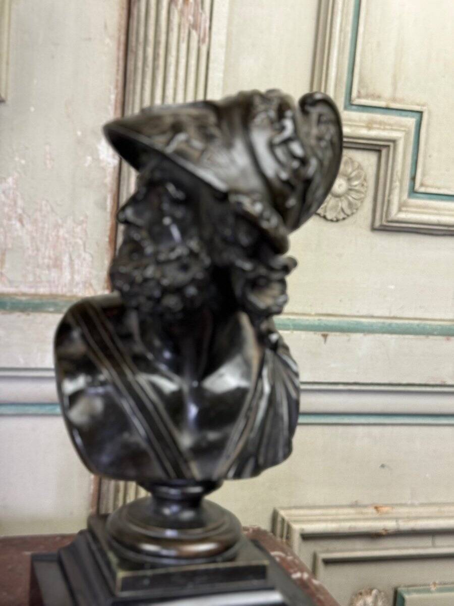 Bust of Ajax, bronze with black patina on a black Belgian marble base, 19th century.