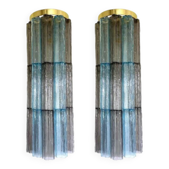 Set of 2 contemporary grey and light-blue "tronchi" murano glass wall sconce