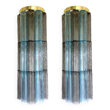 Set of 2 contemporary grey and light-blue "tronchi" murano glass wall sconce