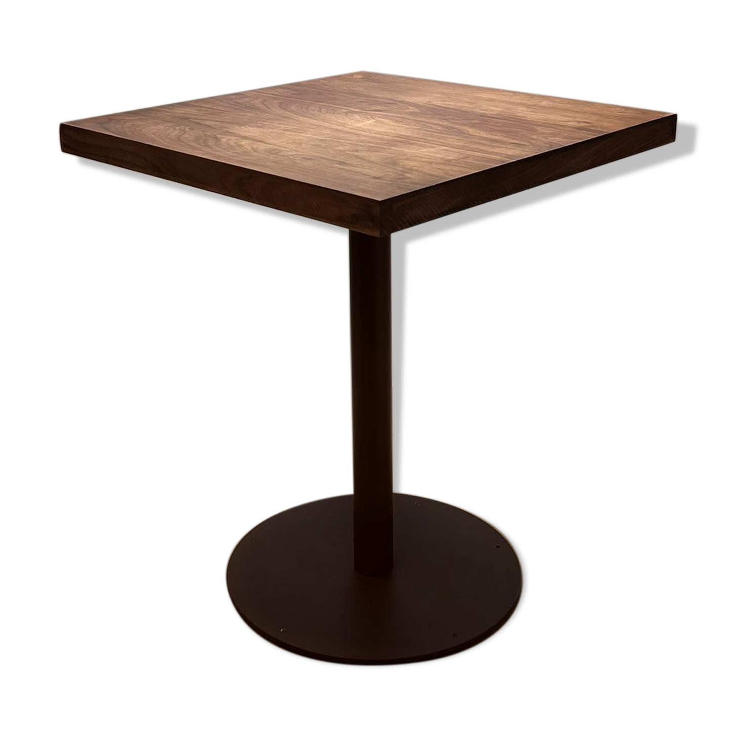 Square walnut table, table leg in powder-coated metal RAL rusty metal