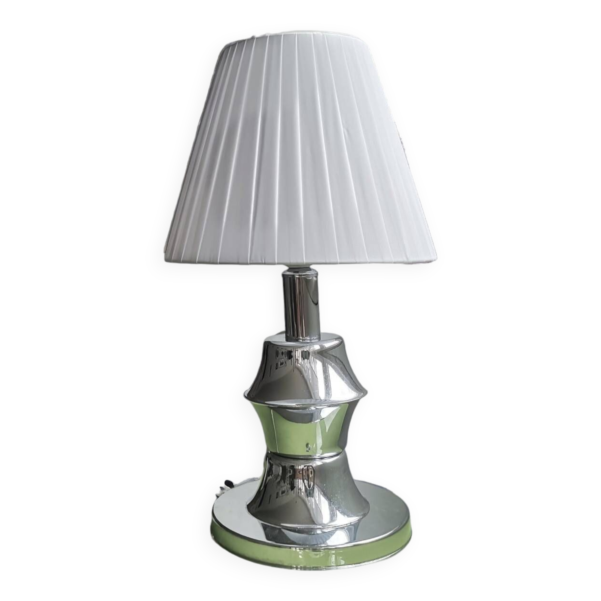 Mid Century Modern chromed table lamp with white pleated shade